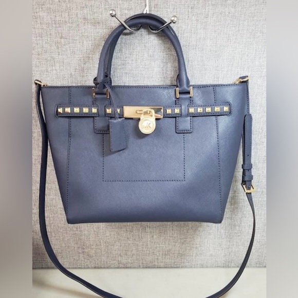 Michael Kors Bag Hamilton Traveler Studded Tote Satchel BlueLeather B2L - Picture 6 of 8